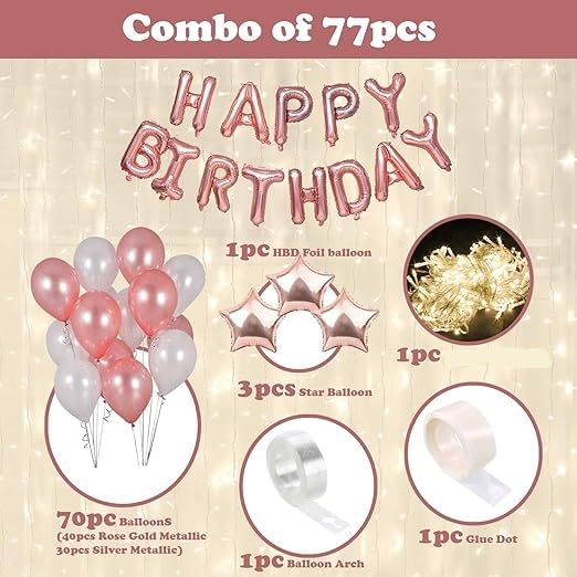 BRIJBAZAAR Rose Gold Happy Birthday Decorations Supplies Birthday Star Foil Balloons With Balloons Banner (cardstock) Led Light 77Pcs For Girls Women Mom 16th 18th 21st 60th 30th 50th - Image 2