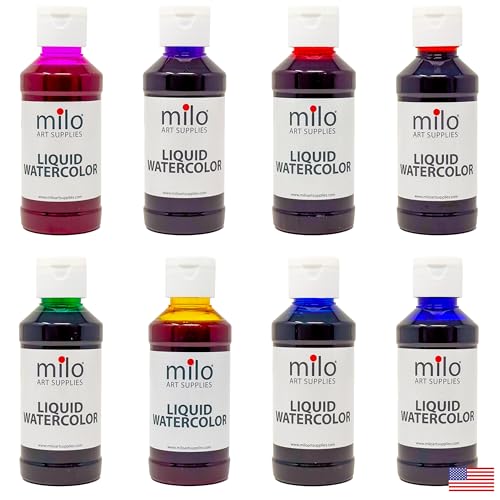 milo Liquid Watercolor Paint Set of 8 Colors | 4 oz Bottles | Washable, Safe and Non-Toxic | Made in USA | Art & Craft Paints for Kids, School Supplies Painting Set for Children | Easy to Pour Fluid Bottles - Image 1