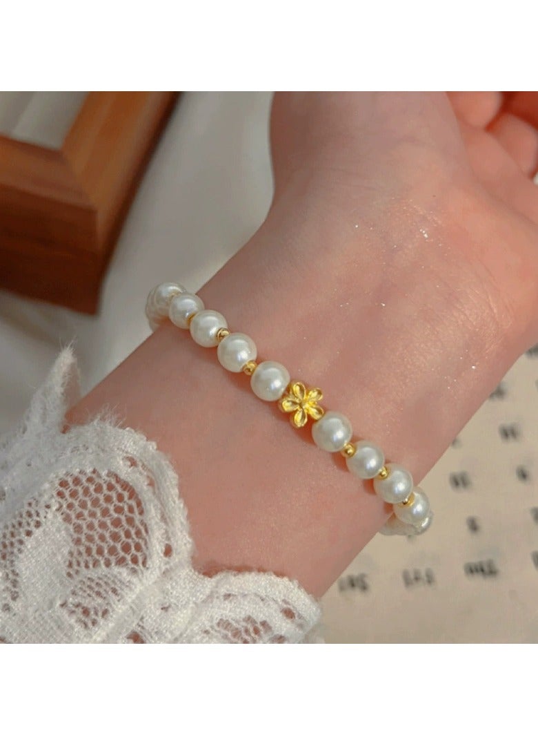 Goolsky French Irregular Pearl Flower Bracelet – Dainty Gold-Tone Luxe Jewelry, Elegant Minimalist Accessory for Women
