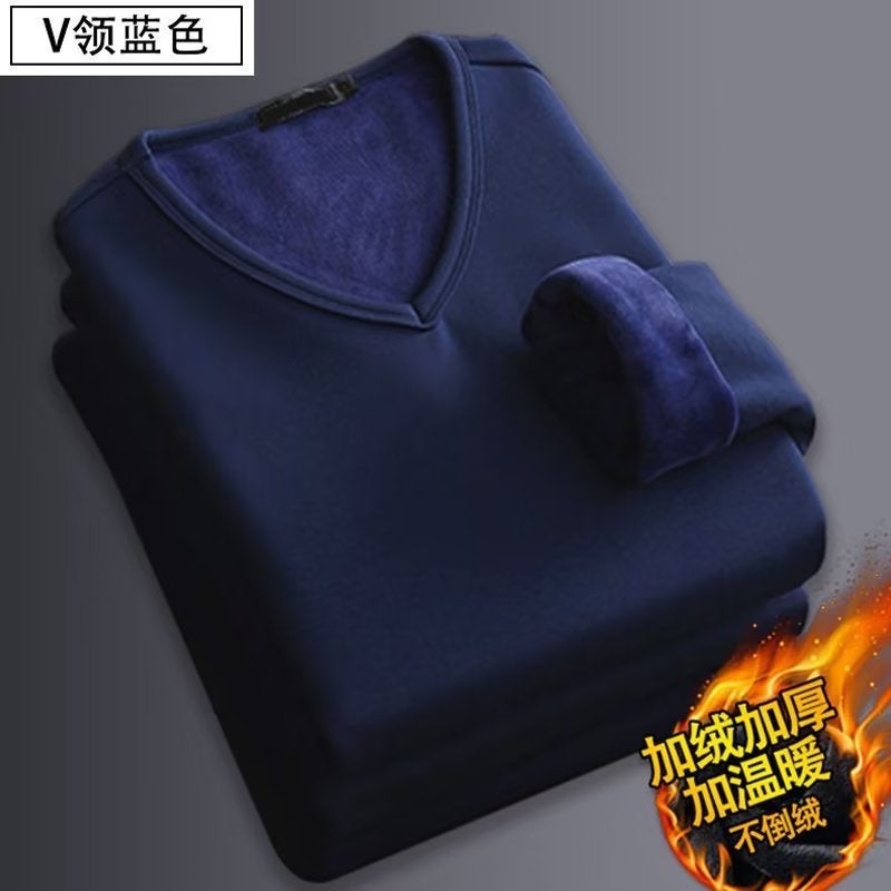 fleece-lined Thickened Winter Thermal Underwear Mens Autumn Clothes Youth Can Wear One-Piece Top plus size Foreign Trade Base Shirt Blue [V collar]] 