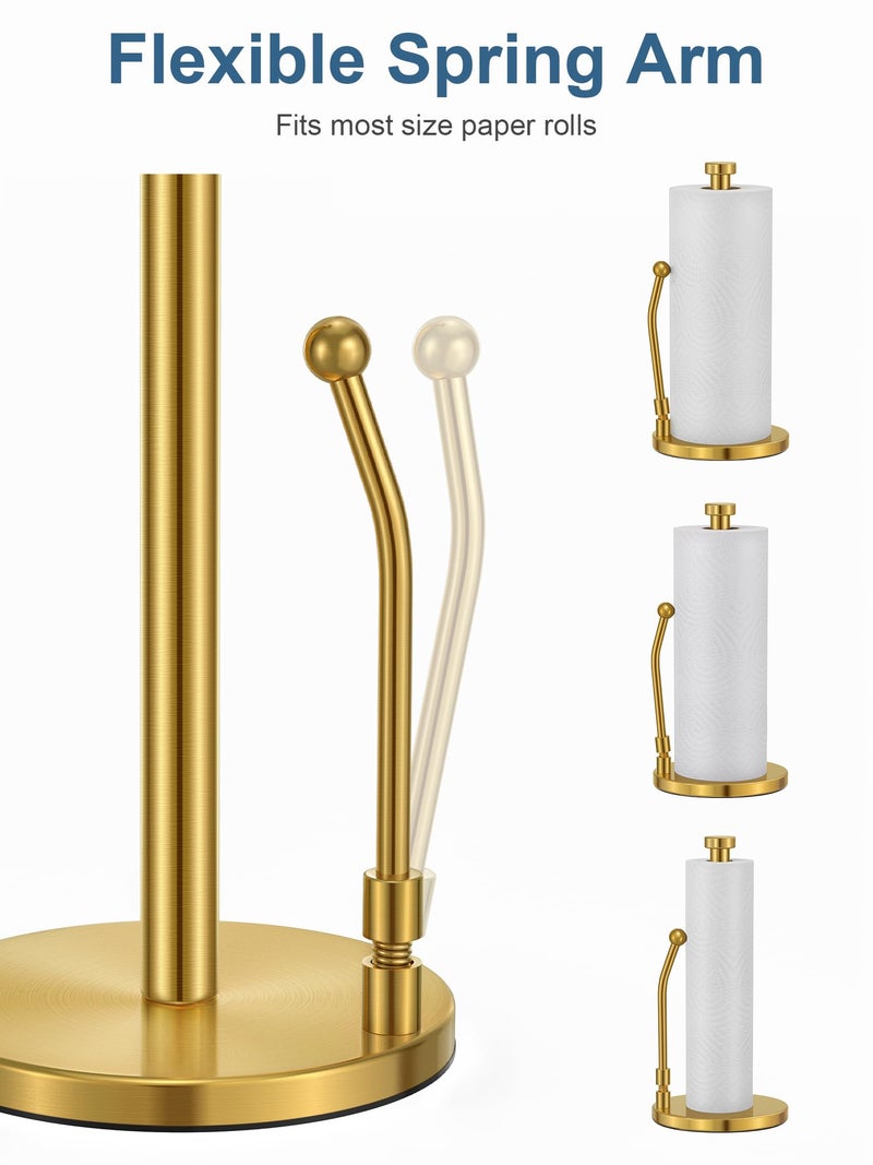 SMARTAKE Paper Towel Holder, Paper Towel Dispenser Standing Weighted Base Non Slip, Spring Arm Fit Most Size Paper Roll, Stainless Steel Kitchen Roll Stand for Home Kitchen Countertop Tabletop, Gold - Image 4