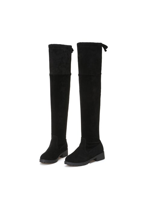 Autumn/Winter New Womens Fleece Surface Knee-High Boots Medium Heel Flat Sole Cotton Lined Warm Socket Boot 41 Code Foreign Wom Black [single]]