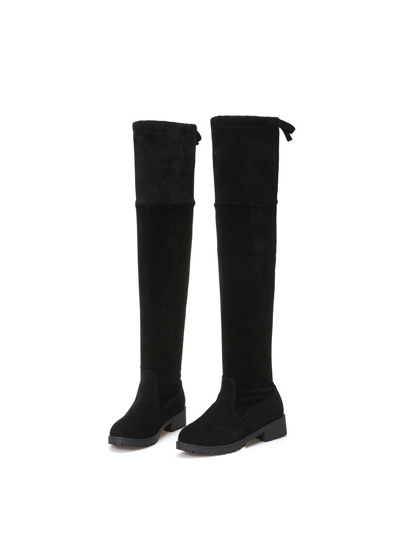 Autumn/Winter New Womens Fleece Surface Knee-High Boots Medium Heel Flat Sole Cotton Lined Warm Socket Boot 41 Code Foreign Wom Black [single]]