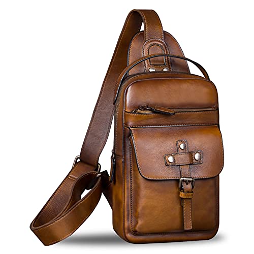 IVTG Genuine Leather Sling Bag Chest Shoulder Fanny Bag Hiking Backpack Vintage Handmade Crossbody Daypack (Brown) - Image 1