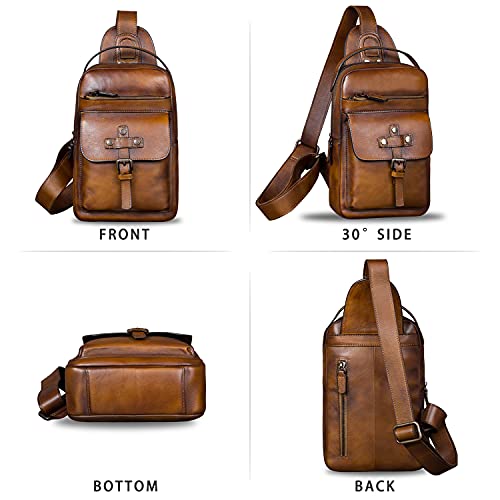 IVTG Genuine Leather Sling Bag Chest Shoulder Fanny Bag Hiking Backpack Vintage Handmade Crossbody Daypack (Brown) - Image 4