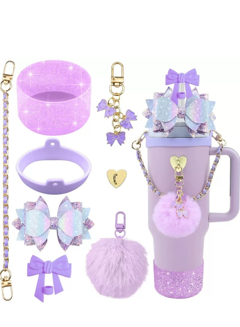 JOSQUEWNN Stanley Cup Accessories for 40oz and 30oz Tumbler including Silicone Cute Bow Straw Topper Cover,Silicone Stanley Cup Boot,Leather Water Bottle Handle Strap, Charms,Purple.  - Image 1