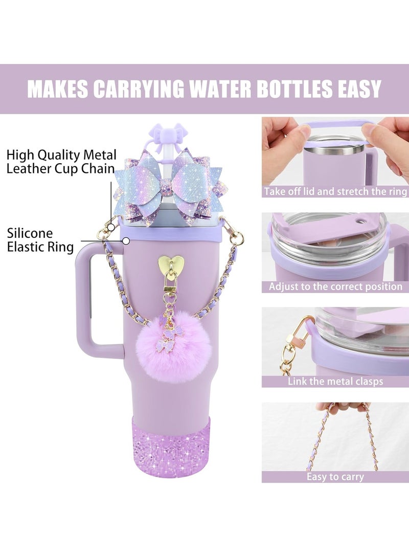 JOSQUEWNN Stanley Cup Accessories for 40oz and 30oz Tumbler including Silicone Cute Bow Straw Topper Cover,Silicone Stanley Cup Boot,Leather Water Bottle Handle Strap, Charms,Purple.  - Image 2