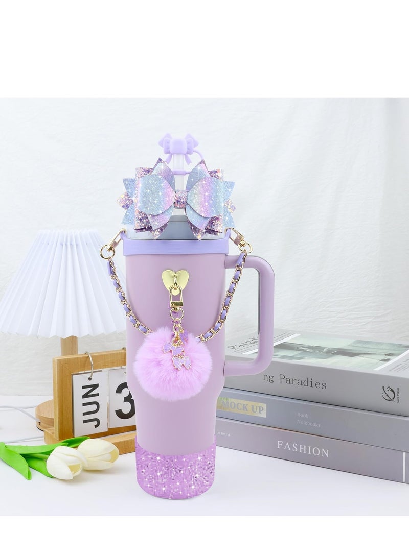 JOSQUEWNN Stanley Cup Accessories for 40oz and 30oz Tumbler including Silicone Cute Bow Straw Topper Cover,Silicone Stanley Cup Boot,Leather Water Bottle Handle Strap, Charms,Purple.  - Image 5