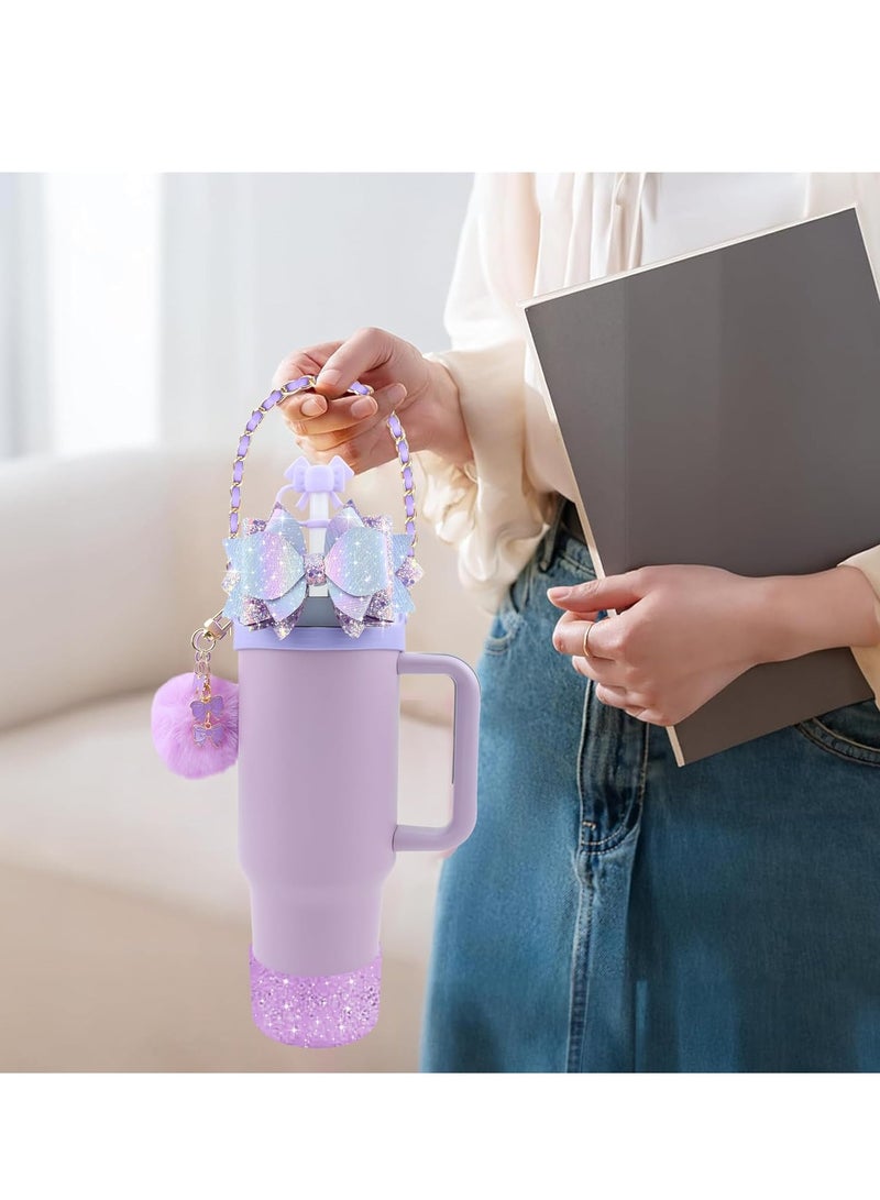 JOSQUEWNN Stanley Cup Accessories for 40oz and 30oz Tumbler including Silicone Cute Bow Straw Topper Cover,Silicone Stanley Cup Boot,Leather Water Bottle Handle Strap, Charms,Purple.  - Image 3