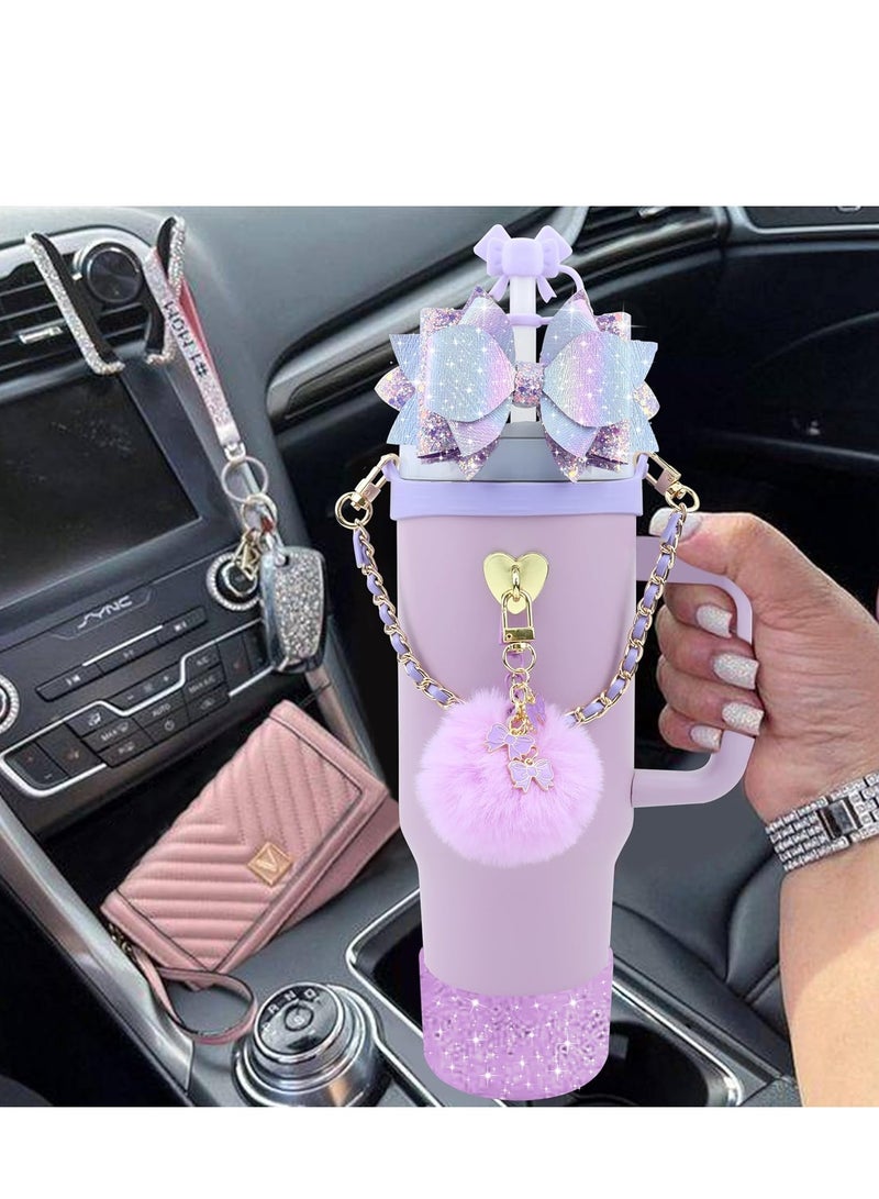 JOSQUEWNN Stanley Cup Accessories for 40oz and 30oz Tumbler including Silicone Cute Bow Straw Topper Cover,Silicone Stanley Cup Boot,Leather Water Bottle Handle Strap, Charms,Purple.  - Image 4