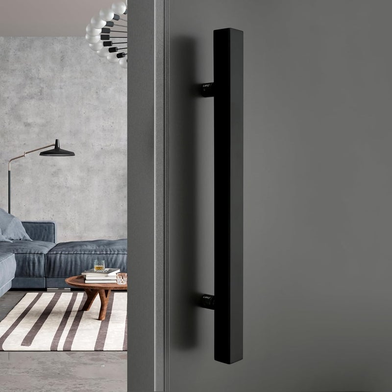 LAPO مقبض باب مربع من الفولاذ المقاوم للصدأ 18 بوصة من LAPO لمقبض الباب الرئيسي لمقبض الدفع والسحب لمقبض الباب الرئيسي حجم الفتحة إلى الفتحة 300 مم عبوة من 1 تشطيب أسود ضمان 3 سنوات - Image 1