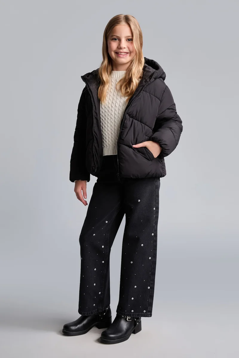 ديفاكتو Girl Water-Repellent Hooded Zip-Up Puffer Jacket