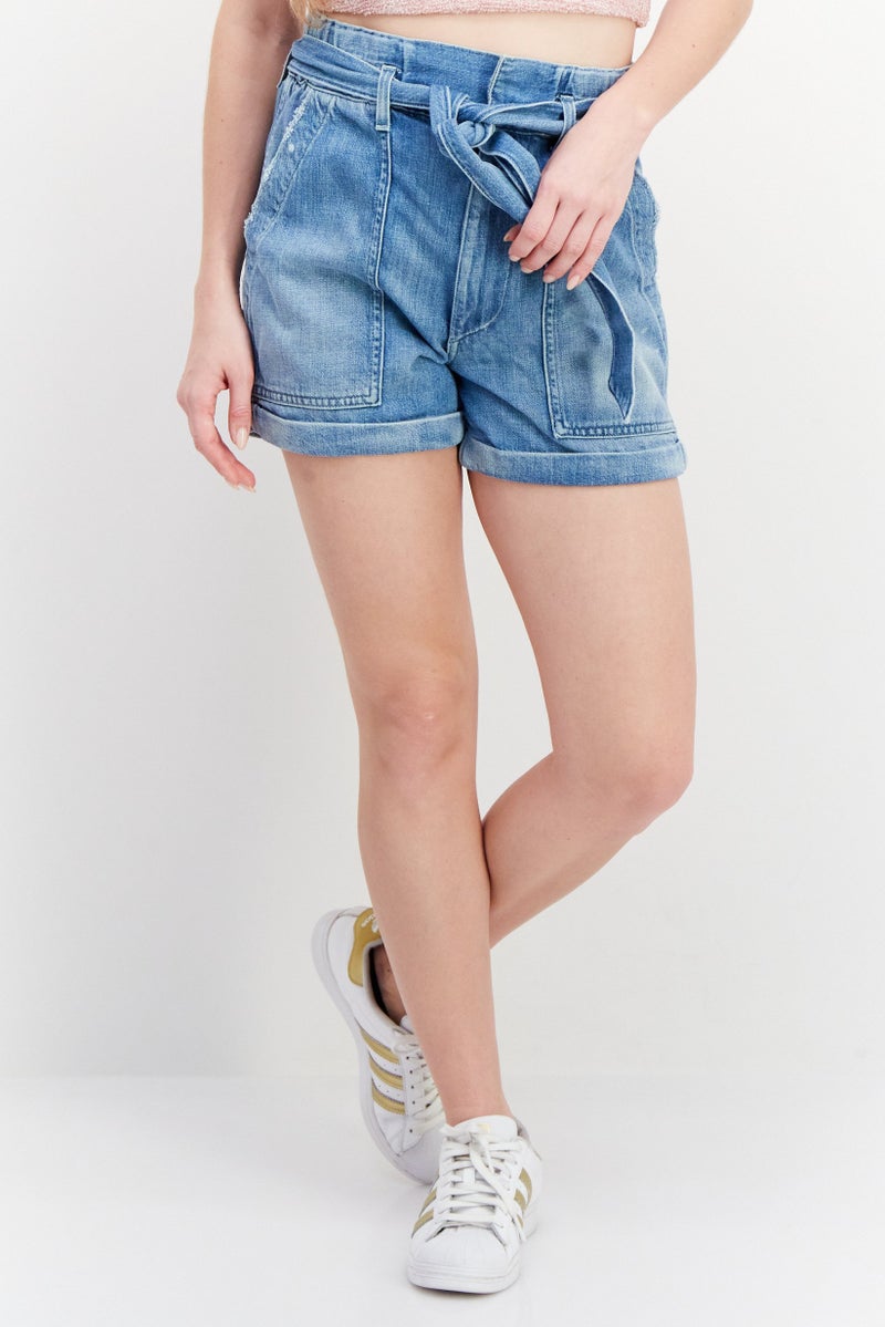 L'agence Women Belted Tie Paperbag Denim Shorts, Mist Blue - Image 1