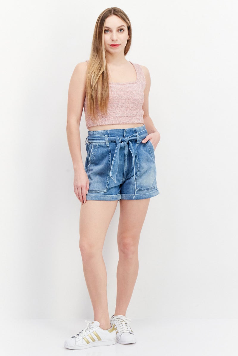 L'agence Women Belted Tie Paperbag Denim Shorts, Mist Blue - Image 3