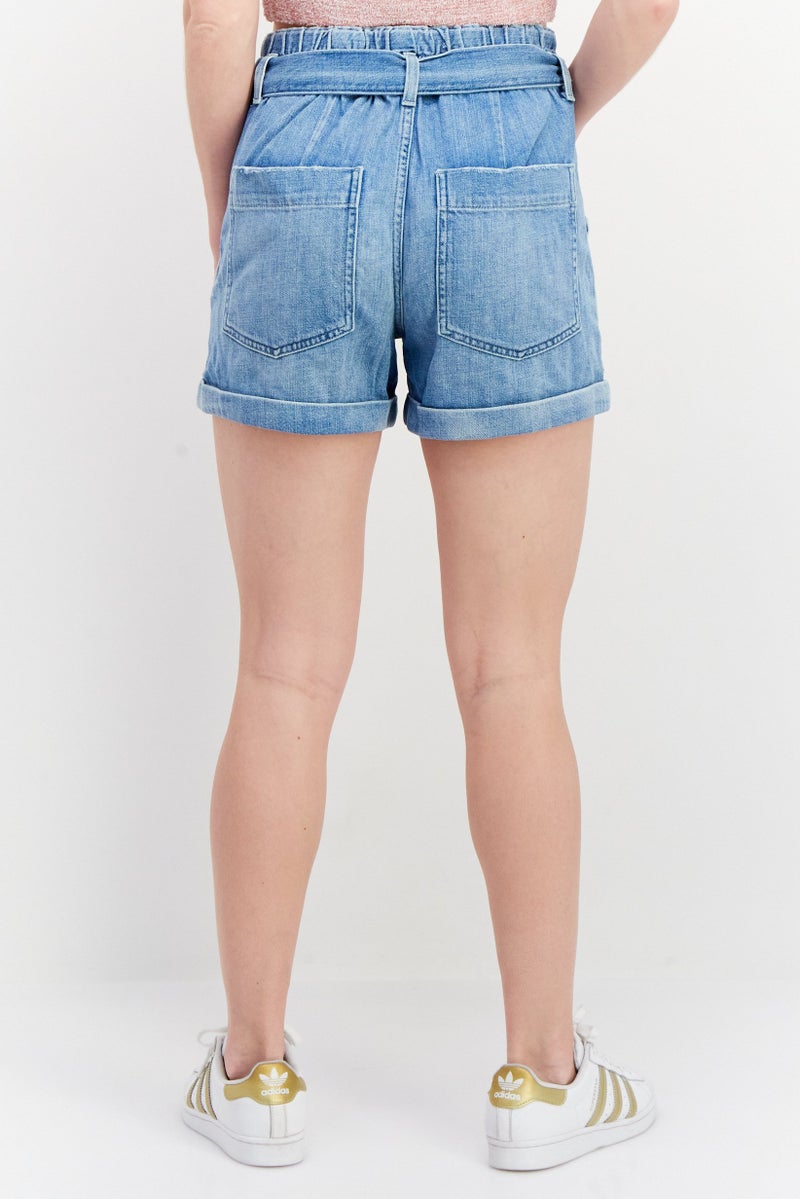 L'agence Women Belted Tie Paperbag Denim Shorts, Mist Blue - Image 2