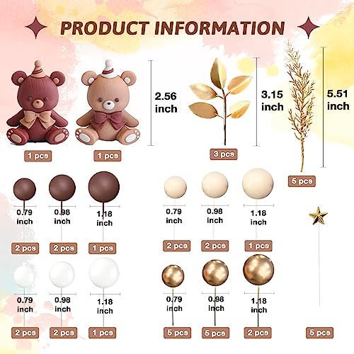 SONICEBUY 42Pcs Bear Balls Cake Toppers Mini Brown Bear Cake Decorations Boho Pearl Ball Cake Toppers for Boy Girl Baby Shower Birthday Gender Reveal Wedding Party Supplies - Image 2