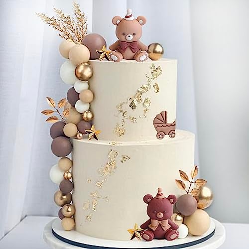 SONICEBUY 42Pcs Bear Balls Cake Toppers Mini Brown Bear Cake Decorations Boho Pearl Ball Cake Toppers for Boy Girl Baby Shower Birthday Gender Reveal Wedding Party Supplies - Image 1
