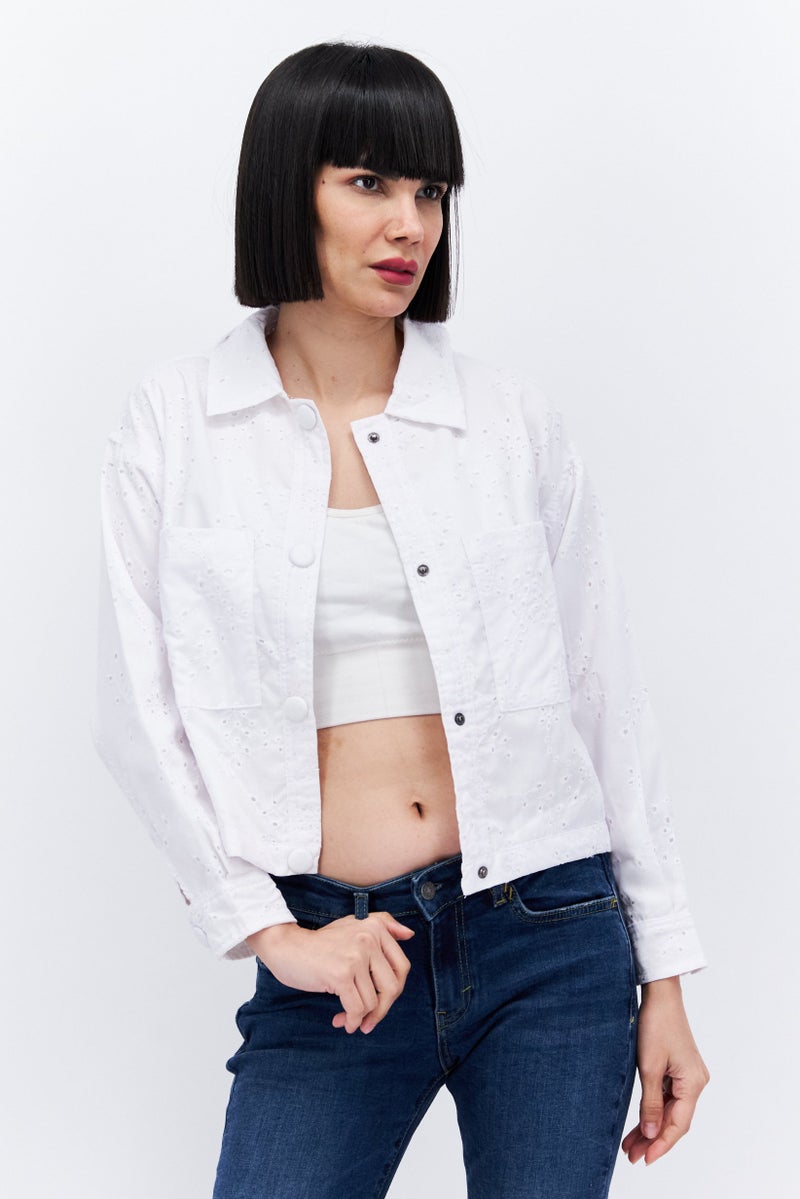 Riley & Rae جاكيت جينز نسائي سادة، أبيض - Image 1