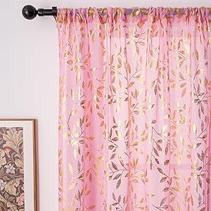 Deeprove Pink Sheer Curtains 96 inches Long 2 Panels for Bedroom Living Room Baby Girl Princess Room Nursery  Abstract Metallic Gold Foil Vine Leaves Print Window Treatments Pair Set  W52 x L96 Inch - Image 2