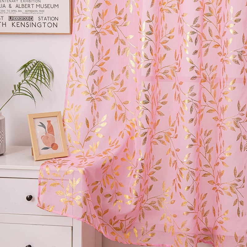 Deeprove Pink Sheer Curtains 96 inches Long 2 Panels for Bedroom Living Room Baby Girl Princess Room Nursery  Abstract Metallic Gold Foil Vine Leaves Print Window Treatments Pair Set  W52 x L96 Inch - Image 1