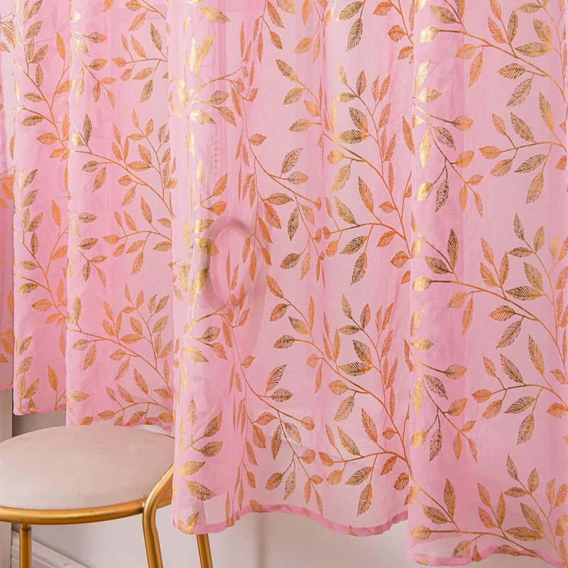 Deeprove Pink Sheer Curtains 96 inches Long 2 Panels for Bedroom Living Room Baby Girl Princess Room Nursery  Abstract Metallic Gold Foil Vine Leaves Print Window Treatments Pair Set  W52 x L96 Inch - Image 4