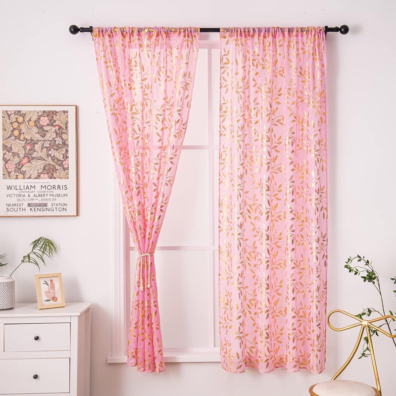 Deeprove Pink Sheer Curtains 96 inches Long 2 Panels for Bedroom Living Room Baby Girl Princess Room Nursery  Abstract Metallic Gold Foil Vine Leaves Print Window Treatments Pair Set  W52 x L96 Inch - Image 5