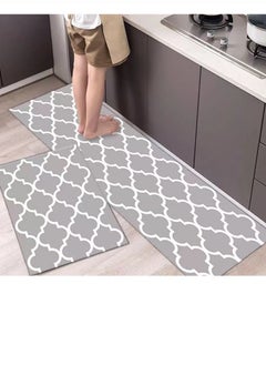 Kutis 2-Piece Kitchen Floor Mats Set made Made of PVC + Technical Velvet Strong water Absorption Non-slip Grid Floor Mats Set Grey/white 120 x 40 and 60 x 40 Centimeter  - Image 1