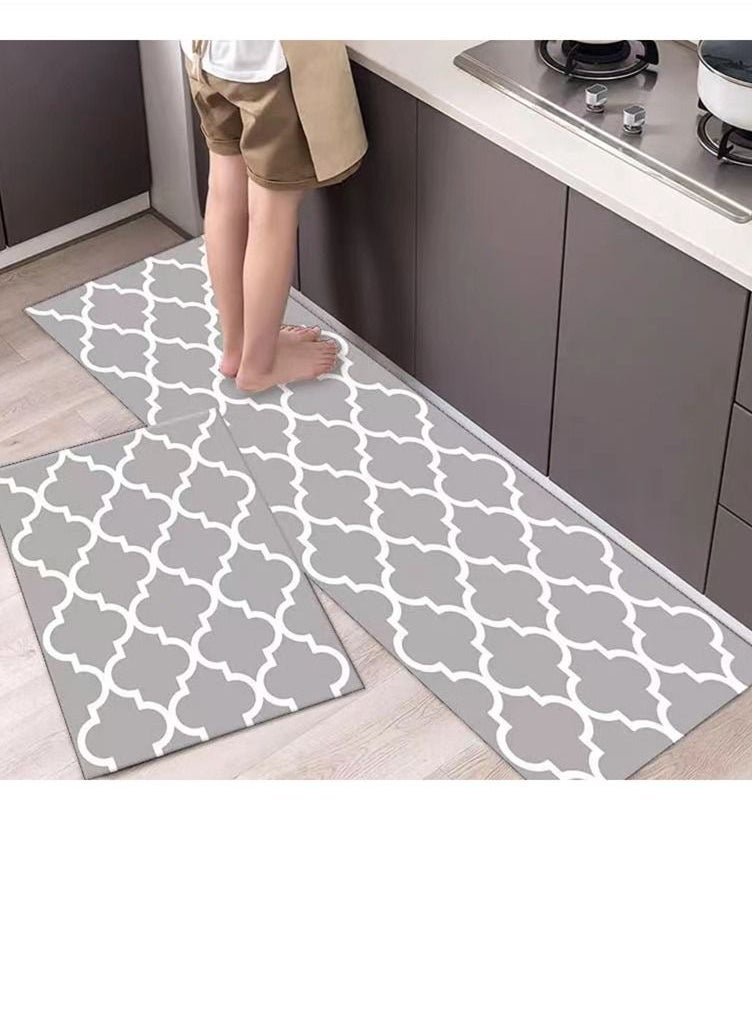 Kutis 2-Piece Kitchen Floor Mats Set made Made of PVC + Technical Velvet Strong water Absorption Non-slip Grid Floor Mats Set Grey/white 120 x 40 and 60 x 40 Centimeter  - Image 1