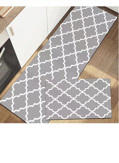 Kutis 2-Piece Kitchen Floor Mats Set made Made of PVC + Technical Velvet Strong water Absorption Non-slip Grid Floor Mats Set Grey/white 120 x 40 and 60 x 40 Centimeter  - Image 2