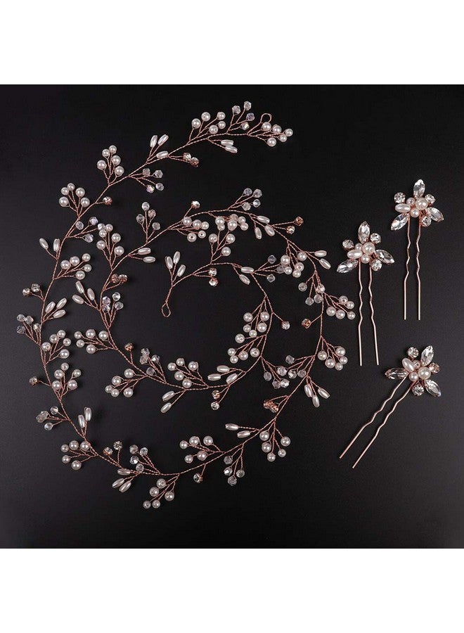 Denifery Bridal Rose Gold Extra Long Pearl And Crystal Beads Bridal Hair Vine Wedding Head Piece Bridal Accessories (Rose Gold) - Image 4