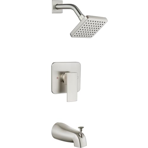 Heyalan Shower Faucet Set with Tub Spout Bathtub and Shower Trim Kit with Valve Single Handle Bathroom Shower Faucet Set 4 Inch Square Rainfall Shower Head Brushed Nickel - Image 1