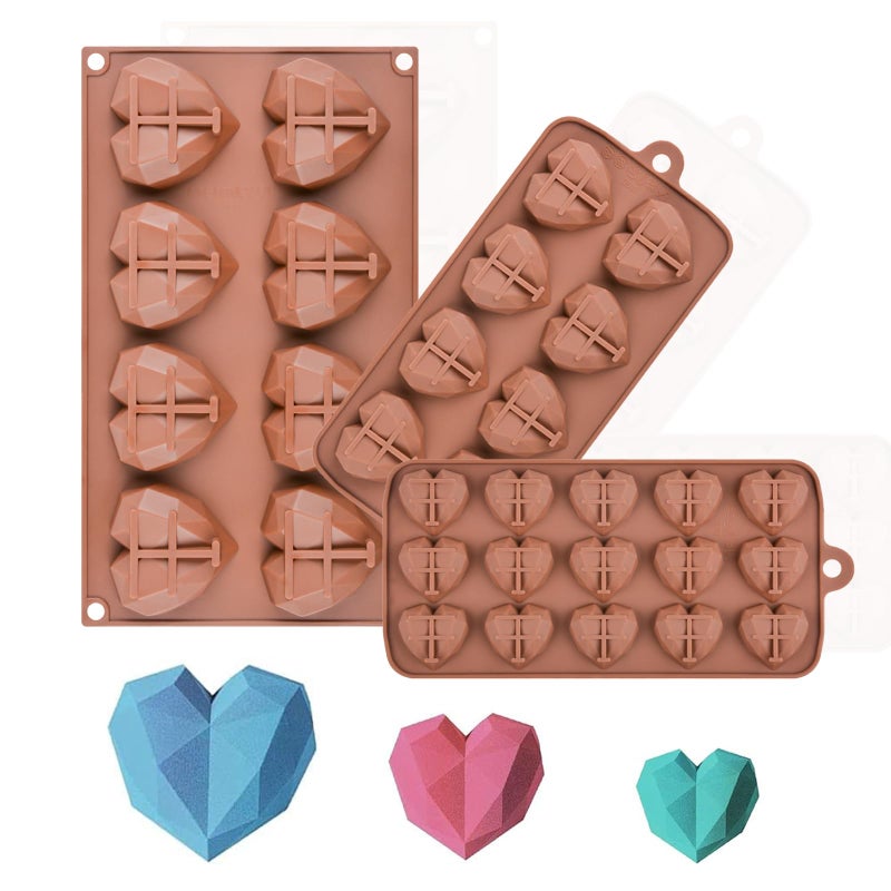 Fimary 3 Sizes Silicone Molds for Chocolate Bombs Large Medium Small Diamond Heart Shaped Cake Mold Set Mini Heart Candy Molds for Wax Melts