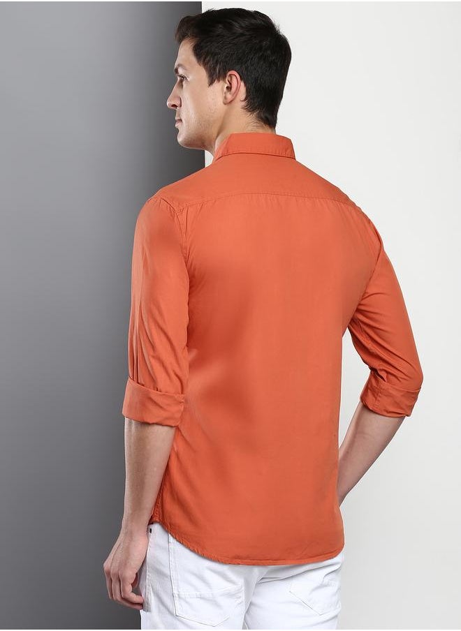 Dennis Lingo Men's Slim Fit Dusty Orange Casual Cotton Spread Shirt  - Image 3