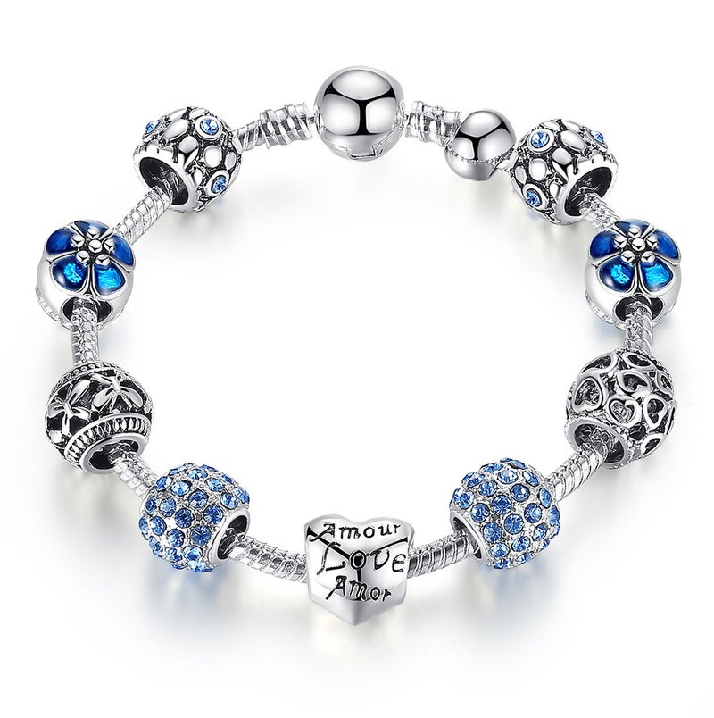 YOUFENG سوار حب من يوفينغ مع خرزات سحرية للنساء، سلسلة ثعبان، سحر وحيد القرن، خرزات زهور، هدايا عيد ميلاد لها، كريستالات زرقاء - Image 1