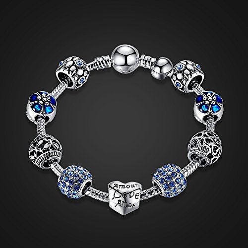 YOUFENG سوار حب من يوفينغ مع خرزات سحرية للنساء، سلسلة ثعبان، سحر وحيد القرن، خرزات زهور، هدايا عيد ميلاد لها، كريستالات زرقاء - Image 5