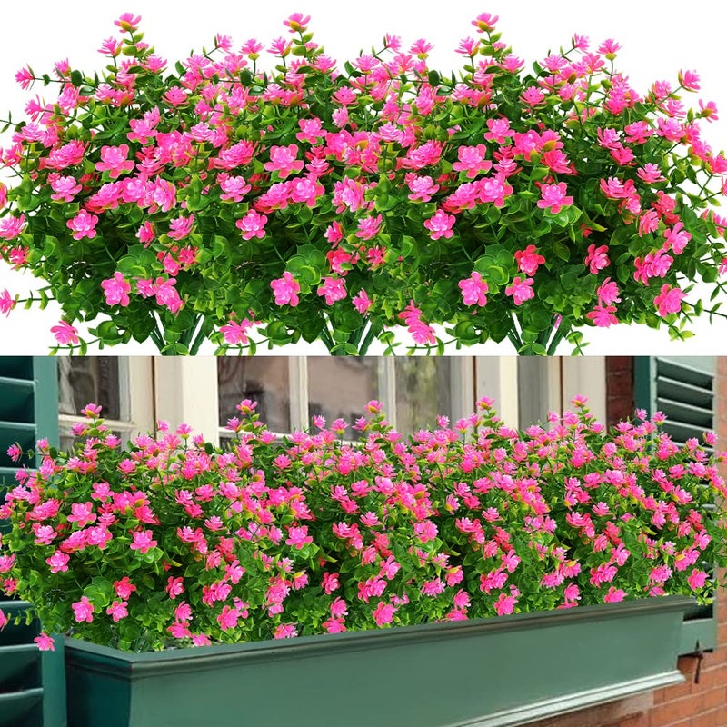 TEMCHY 8 Bundles Outdoor Artificial Fake Flowers No Fade UV Resistant Faux Plastic Plants for Hanging Planter Patio Yard Wedding Indoor Home Kitchen Farmhouse Dcor Pink