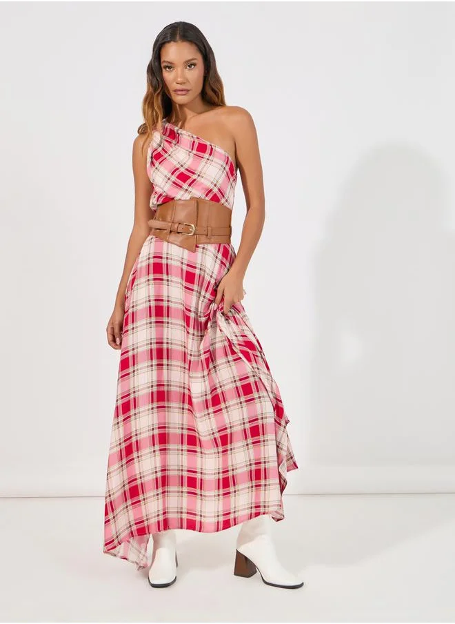 Styli Checked One Shoulder Neck A-Line Maxi Dress