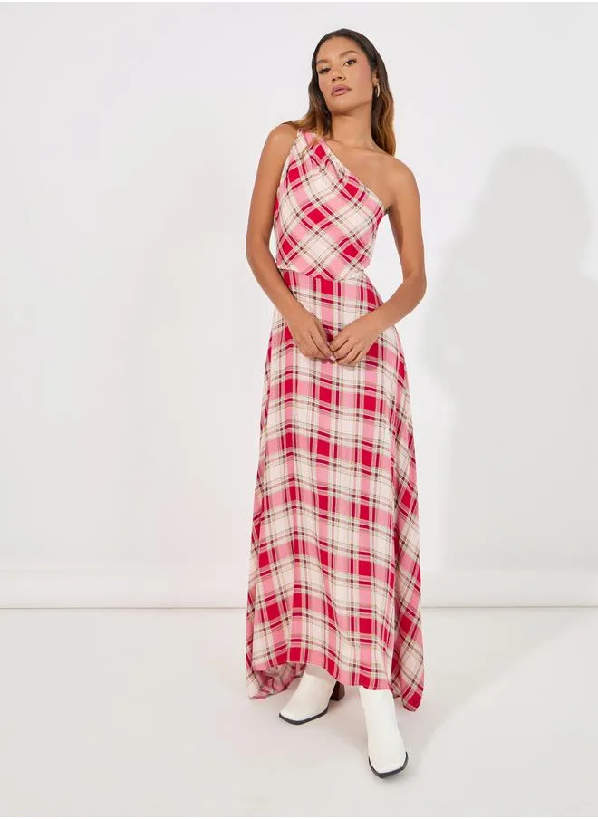 Styli Checked One Shoulder Neck A-Line Maxi Dress