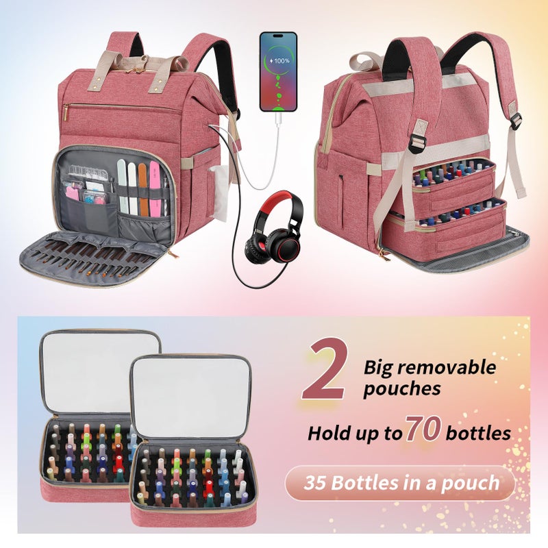 LTINVECK Nail Polish Organizer Case Backpack Holds 70 Bottles (15ml/0.5fl.oz)& Nail Lamp, 2 Layers Detachable Nail Kit Storage Case, Large Travel Nail Supplies Shoulder Bag for Manicure Tools (Pink) - Image 2