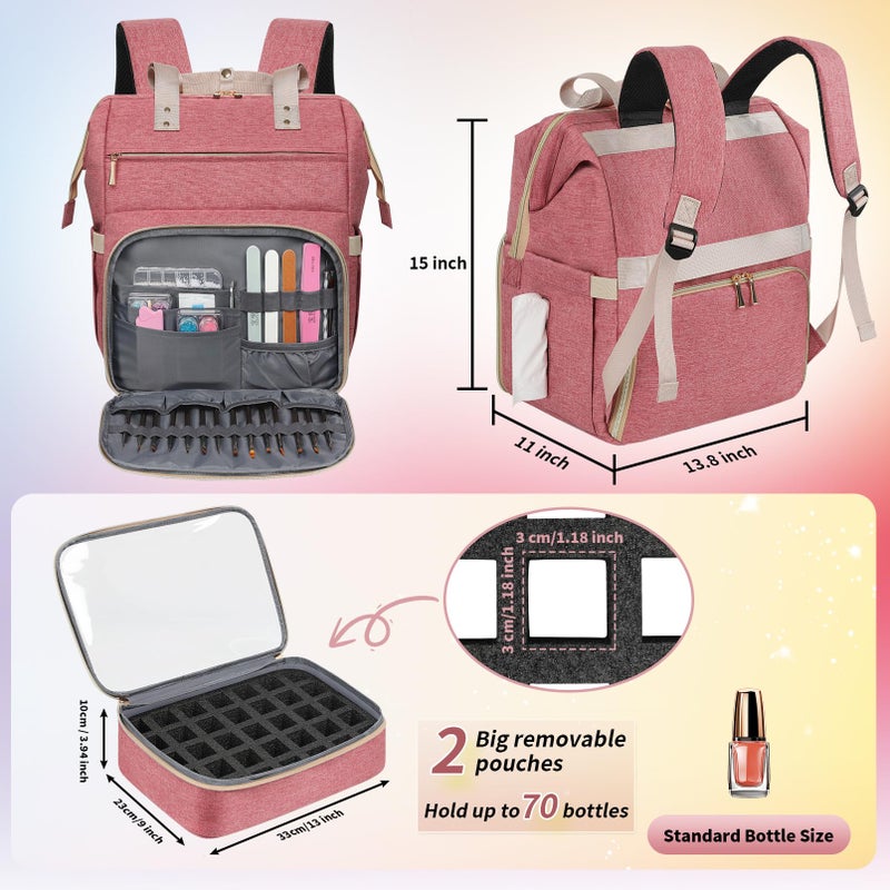 LTINVECK Nail Polish Organizer Case Backpack Holds 70 Bottles (15ml/0.5fl.oz)& Nail Lamp, 2 Layers Detachable Nail Kit Storage Case, Large Travel Nail Supplies Shoulder Bag for Manicure Tools (Pink) - Image 5