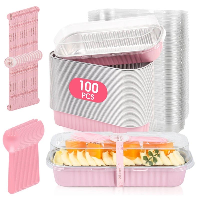 JPPSUJJ 100 Pack Mini Cake Pans with Lids and Spoons,Disposable Aluminum Foil Cake Tinsï¼ˆ6.8ozï¼‰ Individual Small Cake Baking Containers for Party,Wedding,Birthday - Image 1