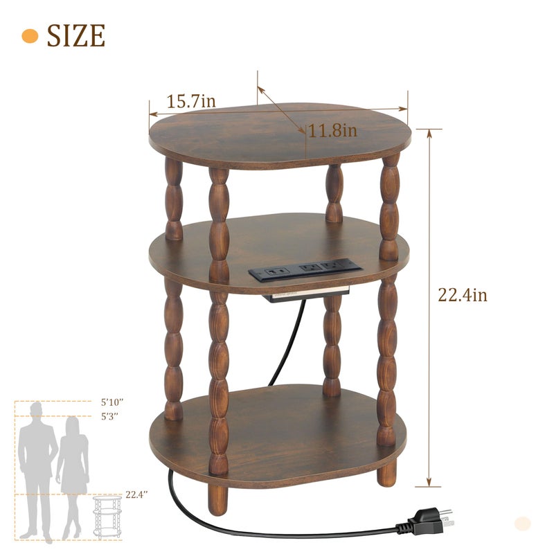 MaxSmeo Side Table with Charging Station, 3-Tier Small End Table with USB Ports and Outlets, Modern Oval Night Stand Accent Table for Living Room, Bedroom, Rustic Brown - Image 3