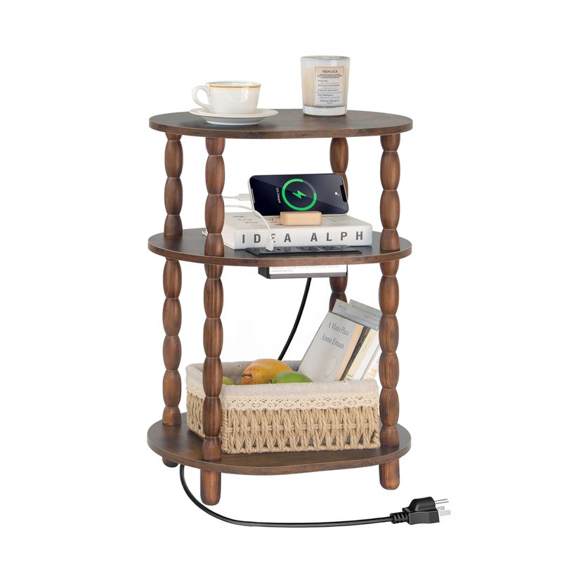 MaxSmeo Side Table with Charging Station, 3-Tier Small End Table with USB Ports and Outlets, Modern Oval Night Stand Accent Table for Living Room, Bedroom, Rustic Brown - Image 1