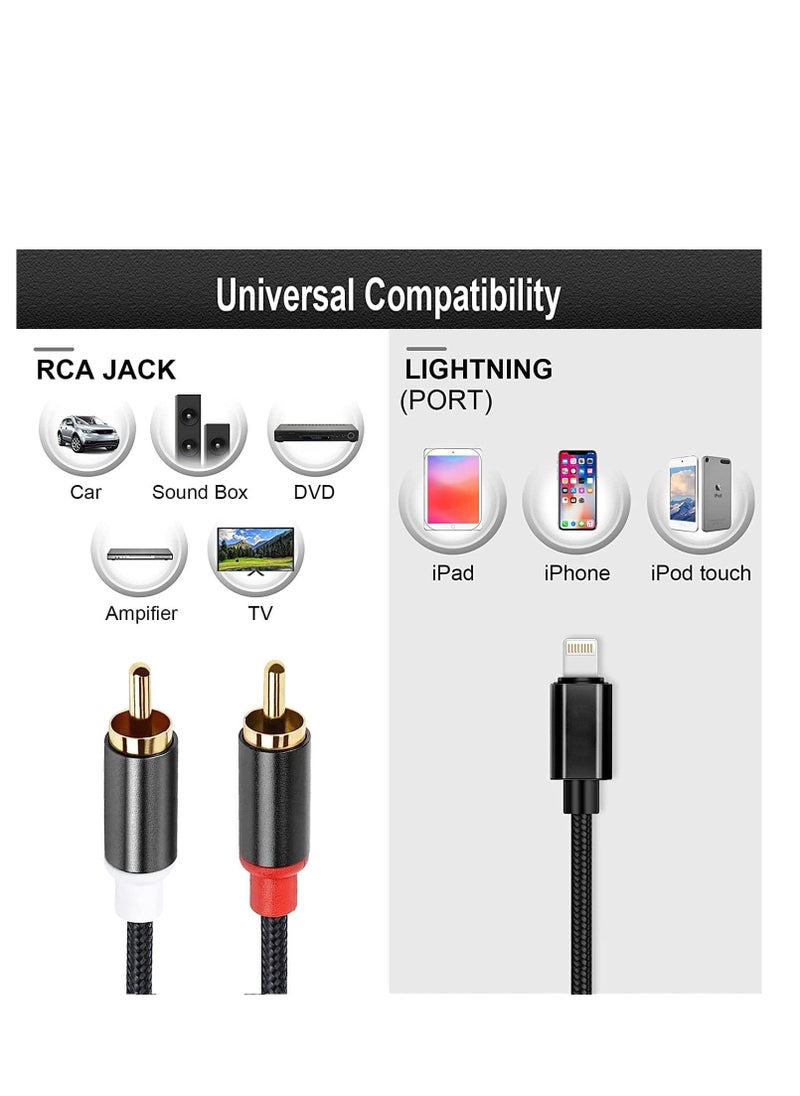 Lighting to RCA Cable Audio Aux Adapter，2-Male Y Splitter Aux Cord Compatible with iPhone 14 13 12 11 Pro XS XR X 8 7 for Amplifier, Car, Home Theater, Speaker and More (2M)
