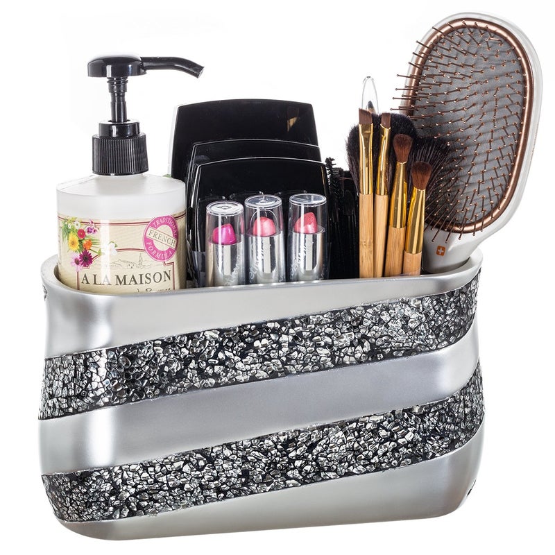 Creative Scents Silver Mosaic Bathroom Counter Vanity Organizer, Countertop Cosmetic Makeup Holder Hair Brush Caddy Hair Accessories Storage, 3-Compartments Decorative Bath Organization (Silver Gray) - Image 1