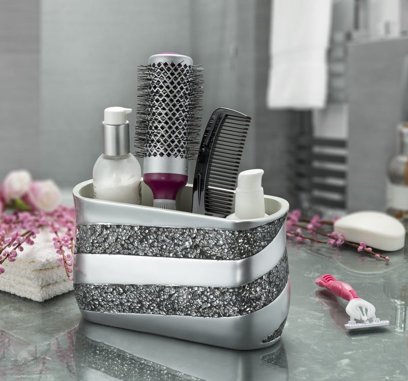Creative Scents Silver Mosaic Bathroom Counter Vanity Organizer, Countertop Cosmetic Makeup Holder Hair Brush Caddy Hair Accessories Storage, 3-Compartments Decorative Bath Organization (Silver Gray) - Image 2