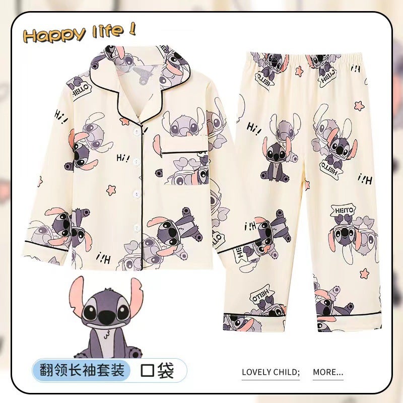 Girl Lapel Cardigan Pajamas Cute Cartoon Boys And Girls Loose Thin Home Clothes - Image 1