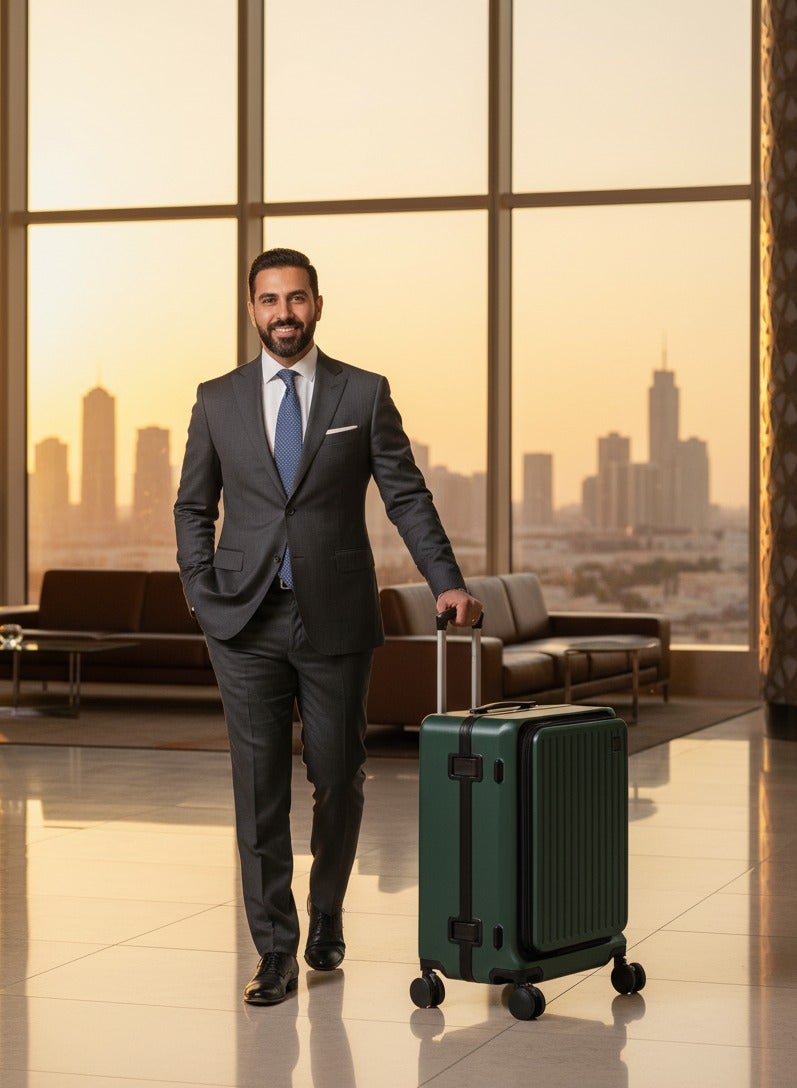 Skycare  Airline-Approved PC Carry-On Luggage - Lightweight Hardside Spinner Suitcase with TSA Lock, USB Charging, Front Pocket, and Cup Holder - Image 3