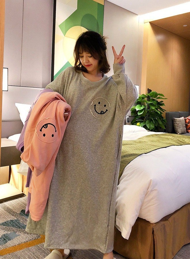 Sleep Dress for Women Sleeping Skirt Girl Long Sleeved Knitted Cotton Thickened Plush Cartoon Cute and Wearable Women's Home Nightgown(Grey)