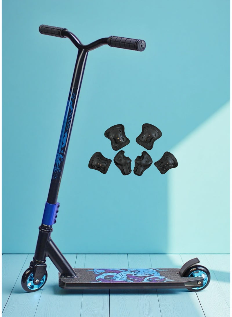 EASY FUTURE Pro Scooter for Tricks with Aluminium Grip Tape Deck – 2 Wheels Stunt Scooter, 110 mm Aluminium Wheels, Wide T-Tube Handlebars, Steel Brake, Lightweight 360 Degree Stunts, For Beginner and Intermediate Level Including Protective Gear Set - Image 1